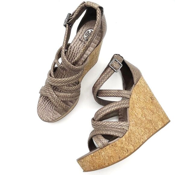 Tory Burch Taupe Reptile Embossed Leather Strappy Cork Wedge Sandals Size 10.5 - Picture 12 of 16